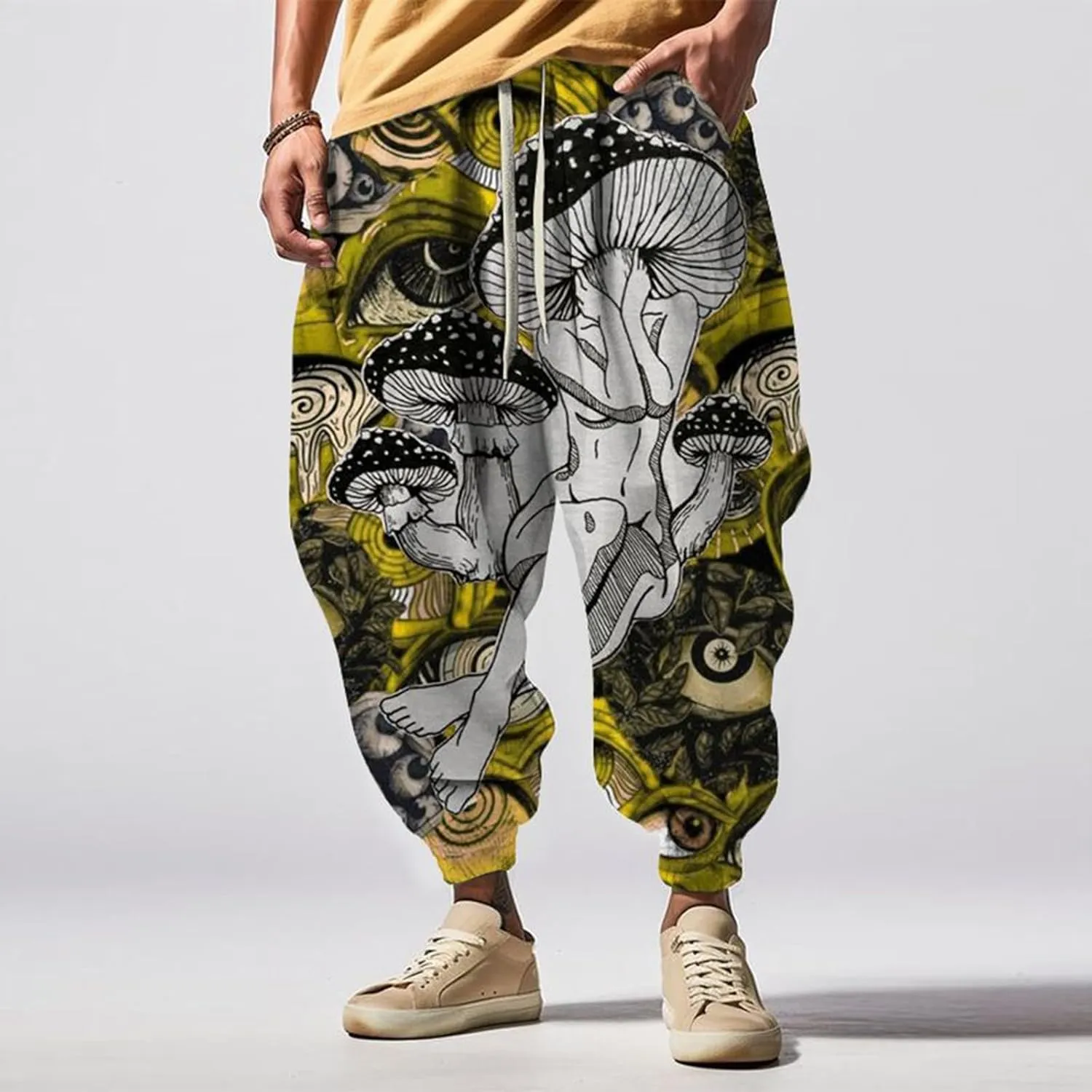 Mens All Over Print Hippie Harem Pants Hip Hop Yoga Drop Crotch Trousers Drawstring Baggy Loose Beach Aladdin Pants
