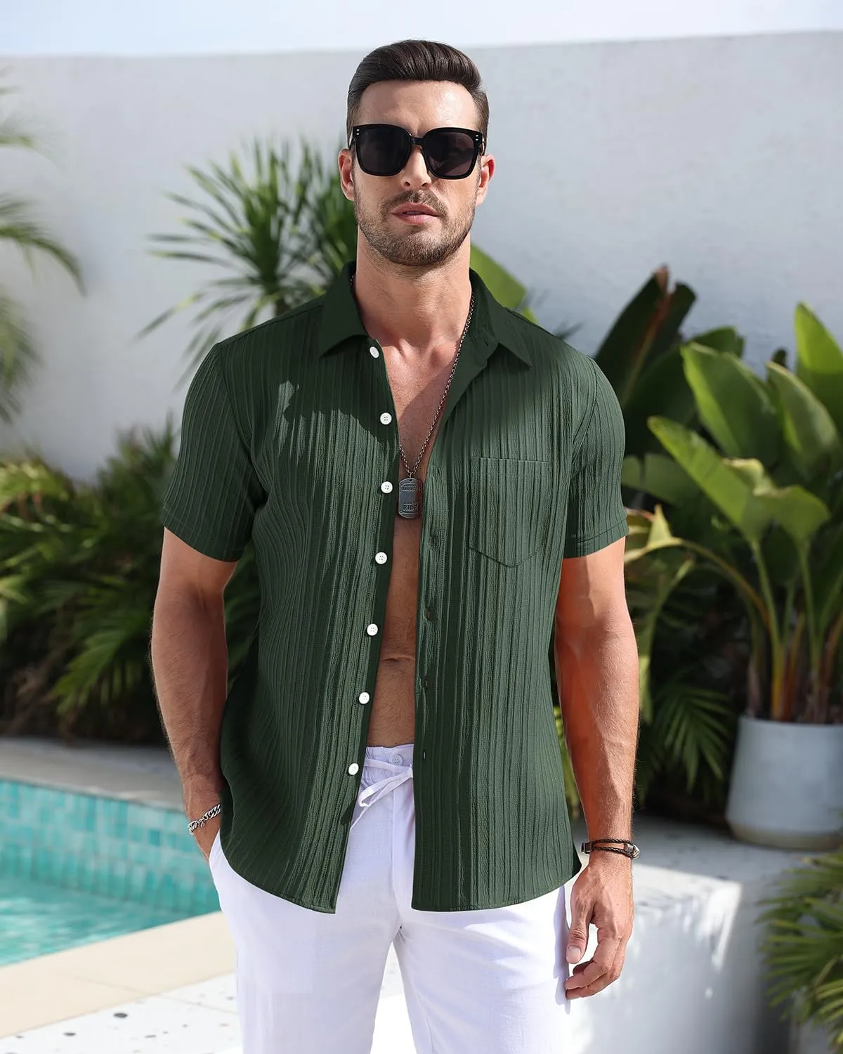 Men's Button Down Shirts Casual Short Sleeve Dress Shirts Summer Beach Vacation Shirts