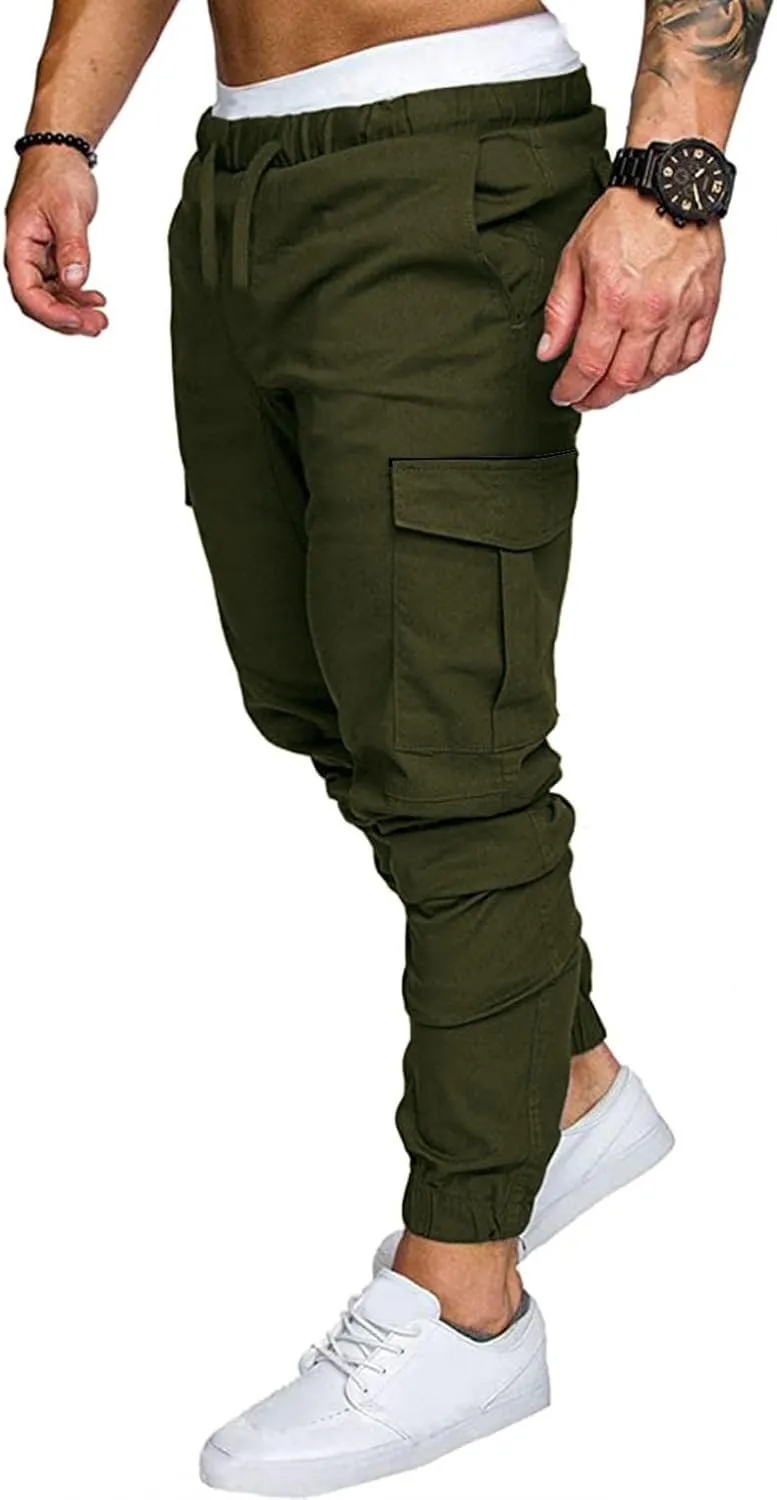 Mens Cargo Pants Casual Joggers Pants Stretchy Drawstring Sweatpants Cotton Chino Pants Slim Fit Gym Workout Pants Fall
