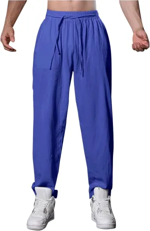 Mens Casual Linen Pants Summer Hawaiian Pants Vacation Trousers Drawstring Elastic Waist Relaxed Fit Pants Black Chino Pants
