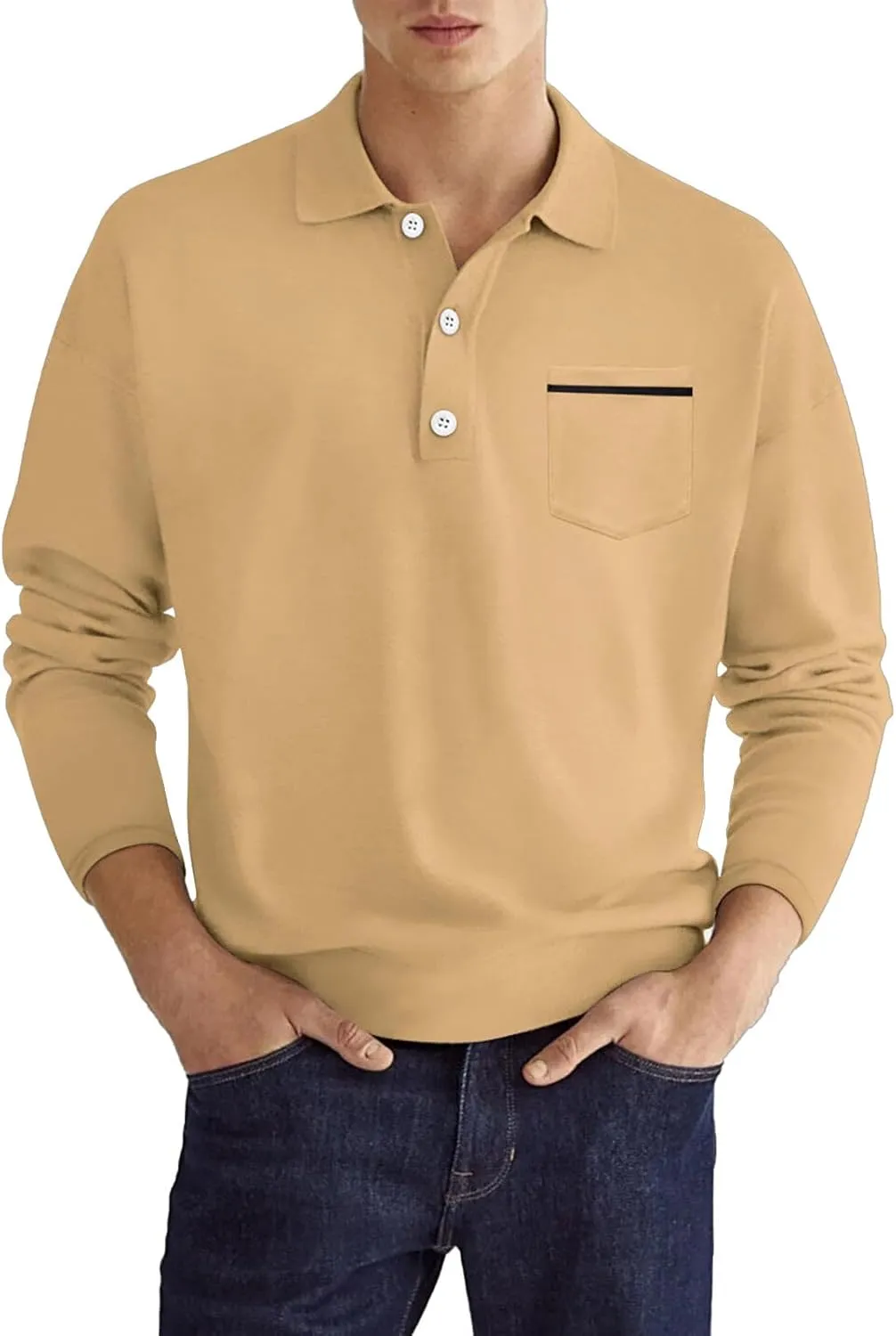 Men's Casual Polo Shirts Classic Solid Long Sleeve Golf Shirt Fashion Slim Fit Button V Neck Cotton Top with Pocket