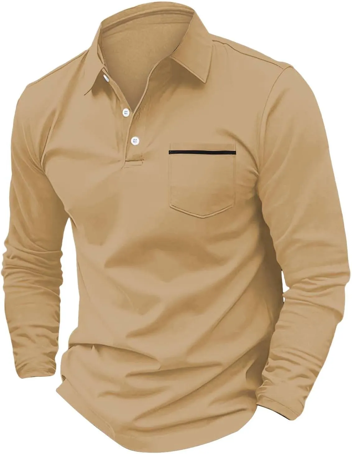 Men's Casual Polo Shirts Classic Solid Long Sleeve Golf Shirt Fashion Slim Fit Button V Neck Cotton Top with Pocket