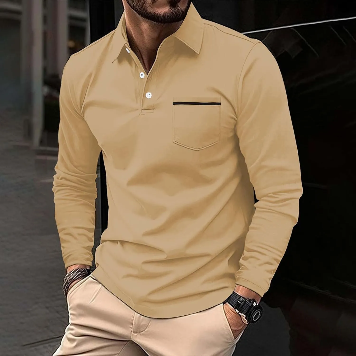 Men's Casual Polo Shirts Classic Solid Long Sleeve Golf Shirt Fashion Slim Fit Button V Neck Cotton Top with Pocket