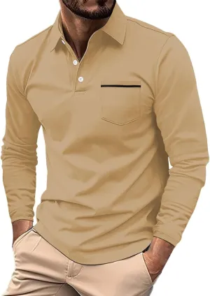 Men's Casual Polo Shirts Classic Solid Long Sleeve Golf Shirt Fashion Slim Fit Button V Neck Cotton Top with Pocket