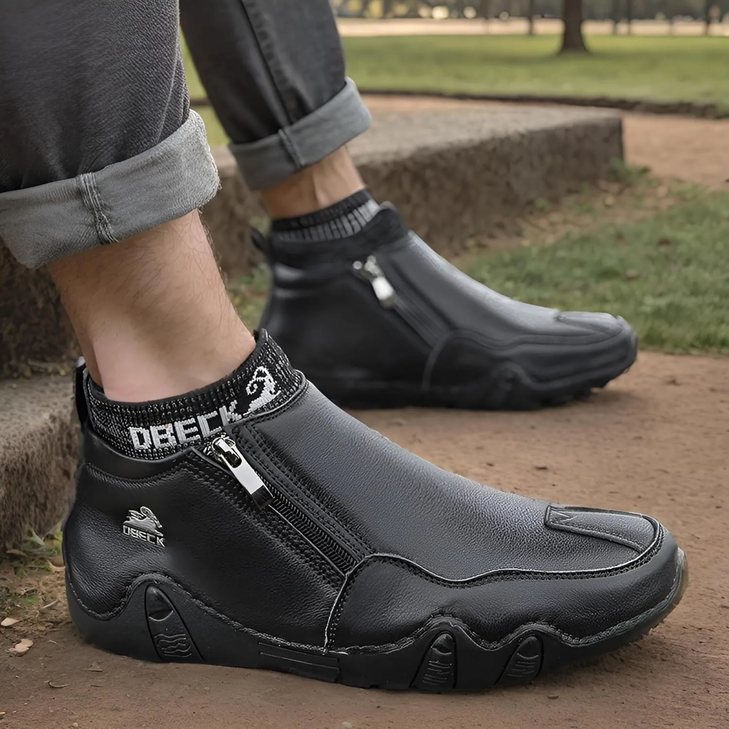 Men's Casual Slip-On Bootie High Top Genuine Leather Zipper Boots Fashion Walking Shoes with Elastic Sock Cuffs