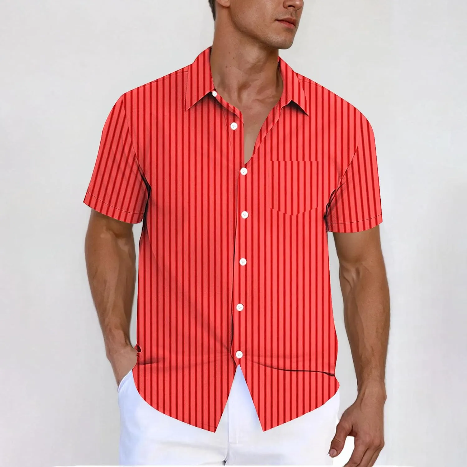 Men's Casual Stylish Short Sleeve Button-Up Striped Dress Shirts Stretch Beach Shirt Formal Business Work Shirt Top