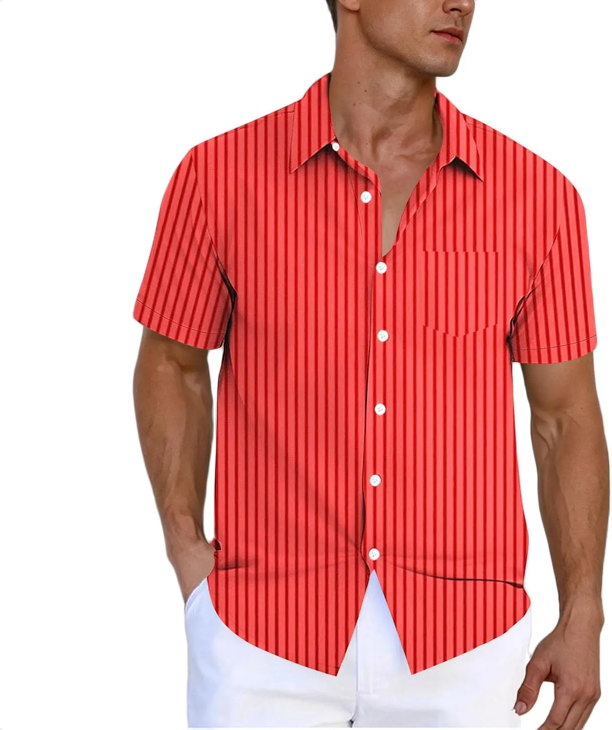 Men's Casual Stylish Short Sleeve Button-Up Striped Dress Shirts Stretch Beach Shirt Formal Business Work Shirt Top