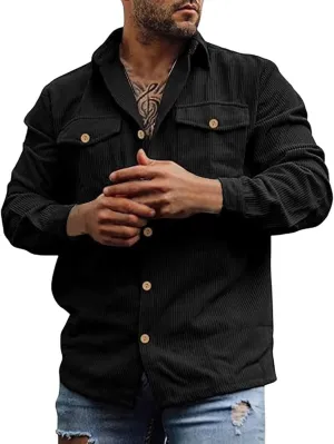 Men's Corduroy Shirts Casual Long Sleeve Button Down Shacket Jacket Plus Size Vintage Western Flap Pockets Casual Top
