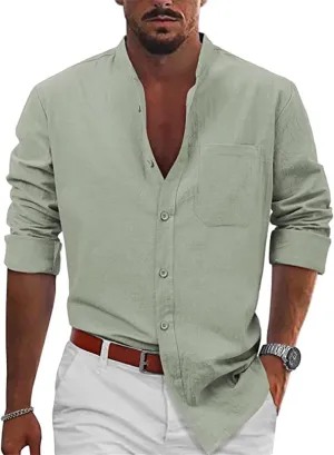 Men's Cotton Linen Long Sleeve Shirts Casual Button Down Banded Collar Beach Summer Tops for Vacation with Pocket