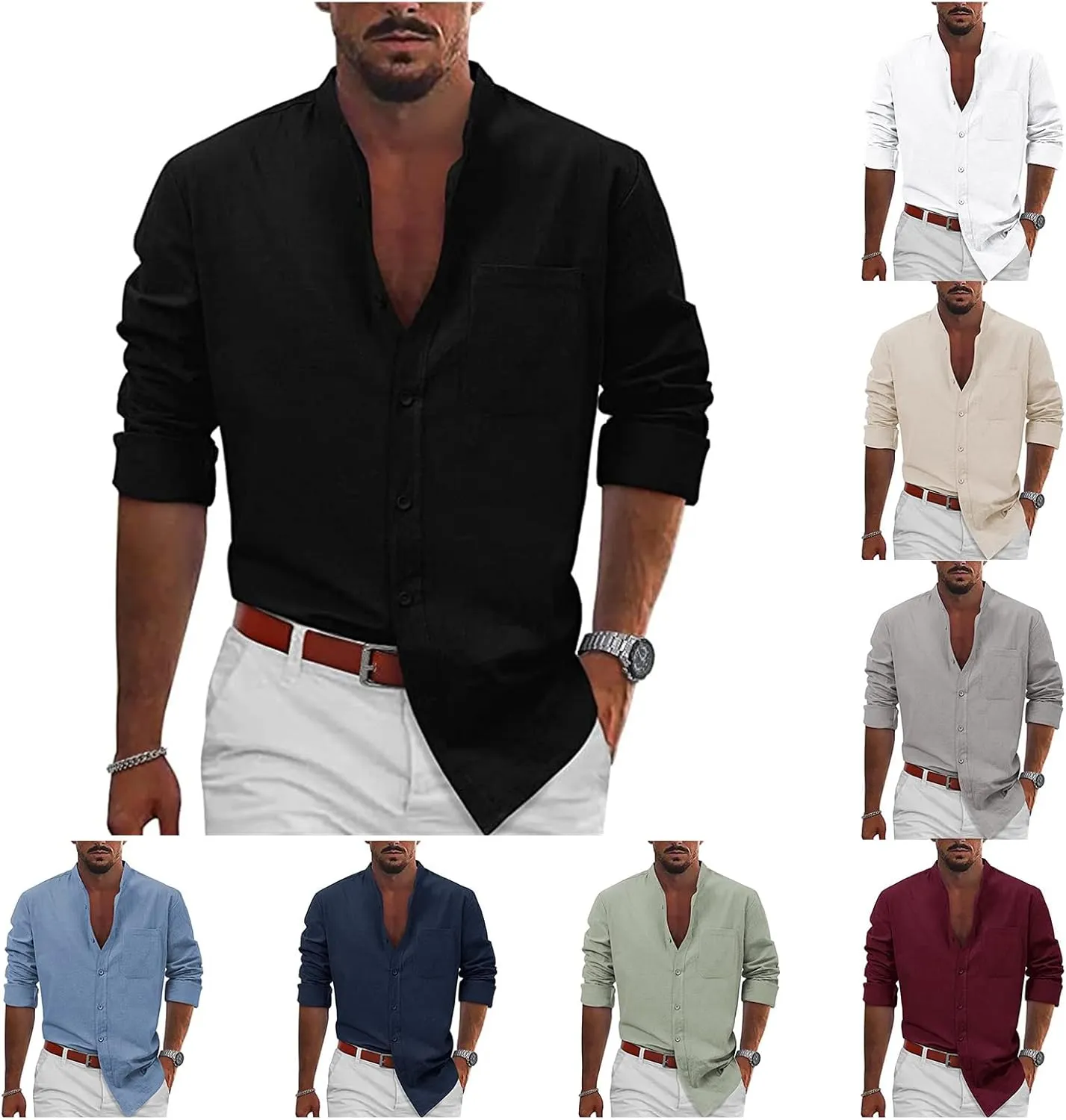 Men's Cotton Linen Long Sleeve Shirts Casual Button Down Banded Collar Beach Summer Tops for Vacation with Pocket