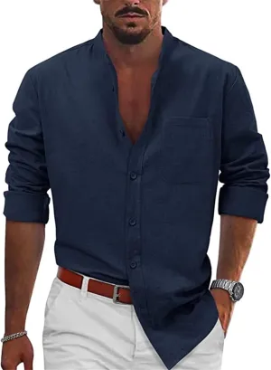 Men's Cotton Linen Long Sleeve Shirts Casual Button Down Banded Collar Beach Summer Tops for Vacation with Pocket