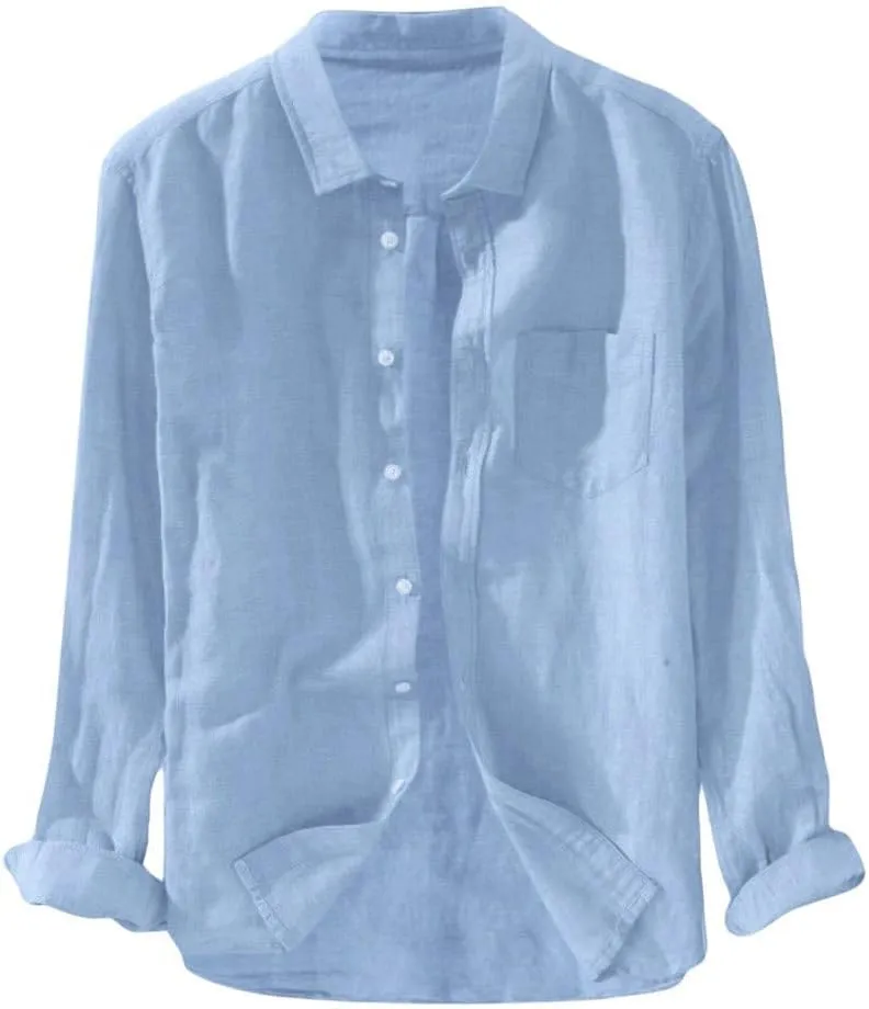 Mens Cotton Linen Shirts Casual Beach Shirts Summer Long Sleeve Shirts Big and Tall Button Down Shirts with Pockets