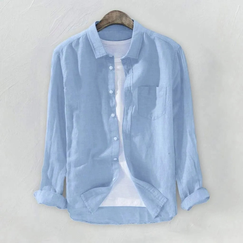 Mens Cotton Linen Shirts Casual Beach Shirts Summer Long Sleeve Shirts Big and Tall Button Down Shirts with Pockets