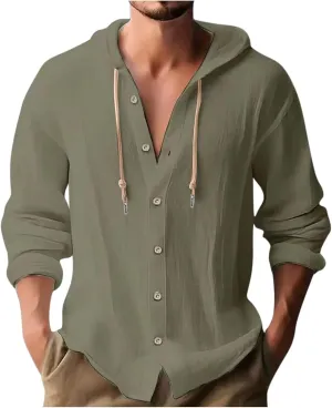 Mens Cotton Linen Shirts Casual Button Down Shirts Long Sleeve Roll-Up Sleeve Summer Shirts with Hood Hawaiian Shirts