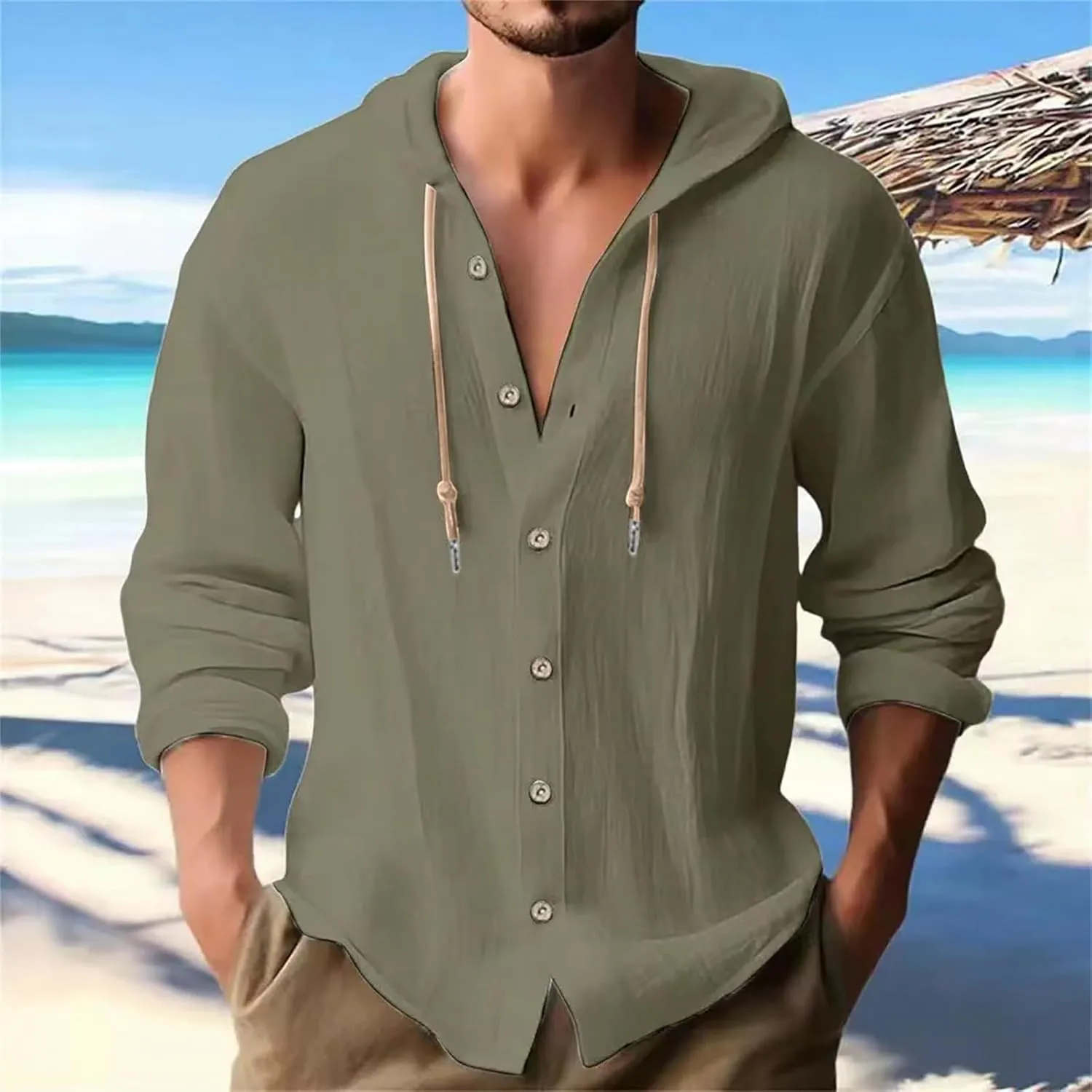 Mens Cotton Linen Shirts Casual Button Down Shirts Long Sleeve Roll-Up Sleeve Summer Shirts with Hood Hawaiian Shirts