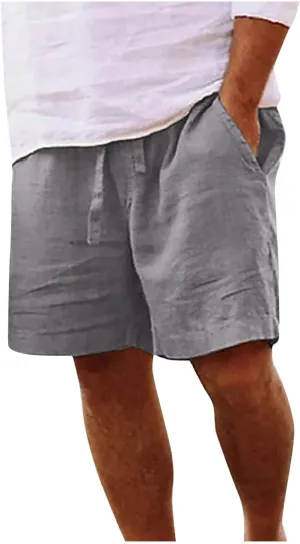 Men's Cotton Linen Shorts Drawstring Casual Loose Fit Breathable Summer Lightweight Work Beach Sweatpants with Pockets
