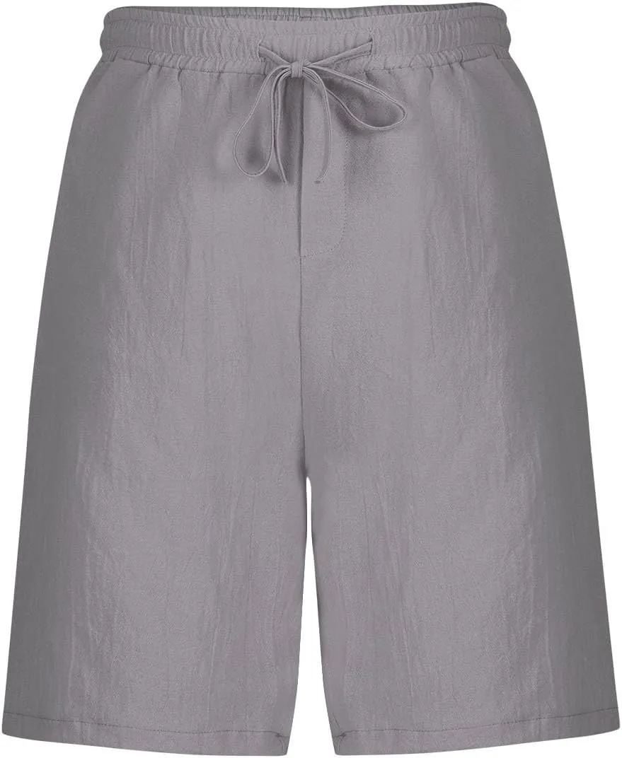 Men's Cotton Linen Shorts Drawstring Casual Loose Fit Breathable Summer Lightweight Work Beach Sweatpants with Pockets