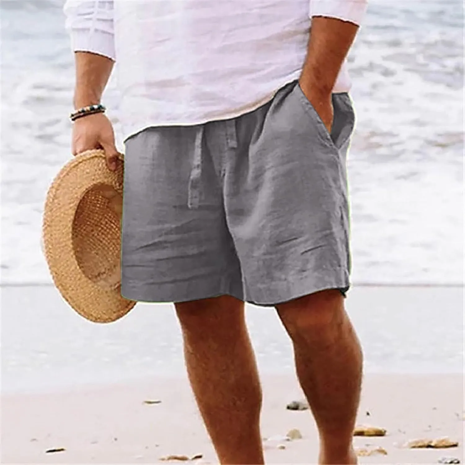 Men's Cotton Linen Shorts Drawstring Casual Loose Fit Breathable Summer Lightweight Work Beach Sweatpants with Pockets
