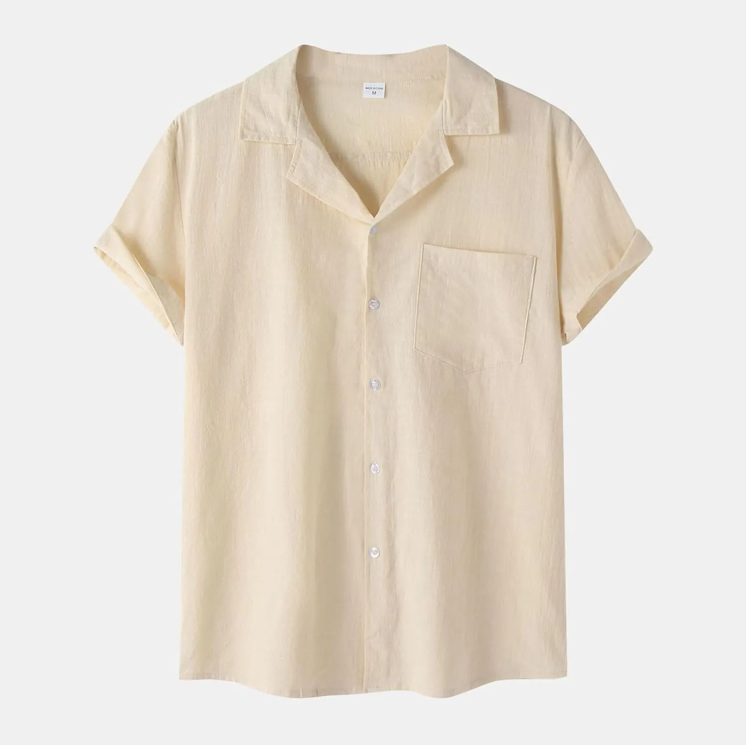 Mens Cotton Linen Summer Shirts, Striped Solid Turndown Collar, Button Down Short Sleeve Shirts, for Casual Beach