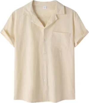 Mens Cotton Linen Summer Shirts, Striped Solid Turndown Collar, Button Down Short Sleeve Shirts, for Casual Beach
