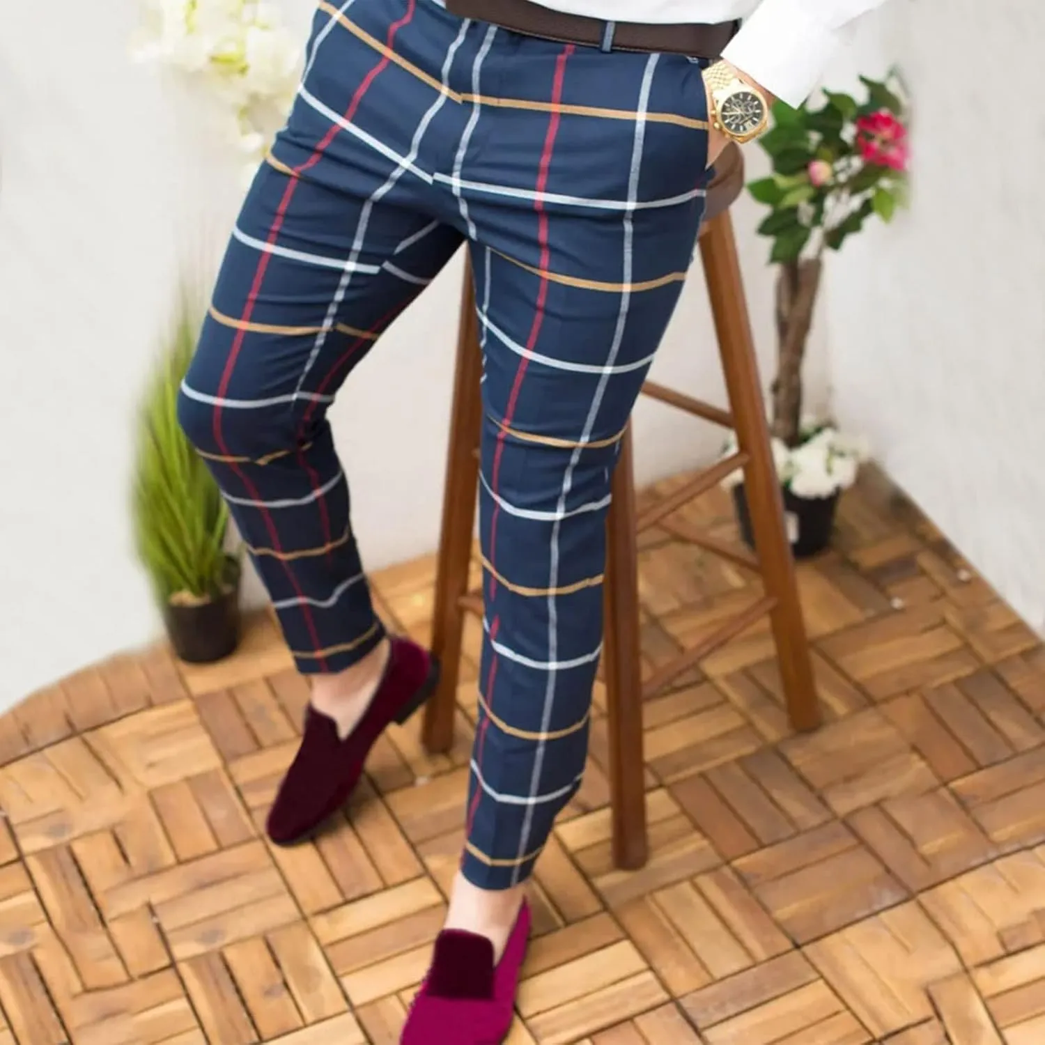 Mens Dress Pants, Men's Fashion Stretch Dress Pants Slim Fit Plaid Business Skinny Long Pants Casual Dress Pants
