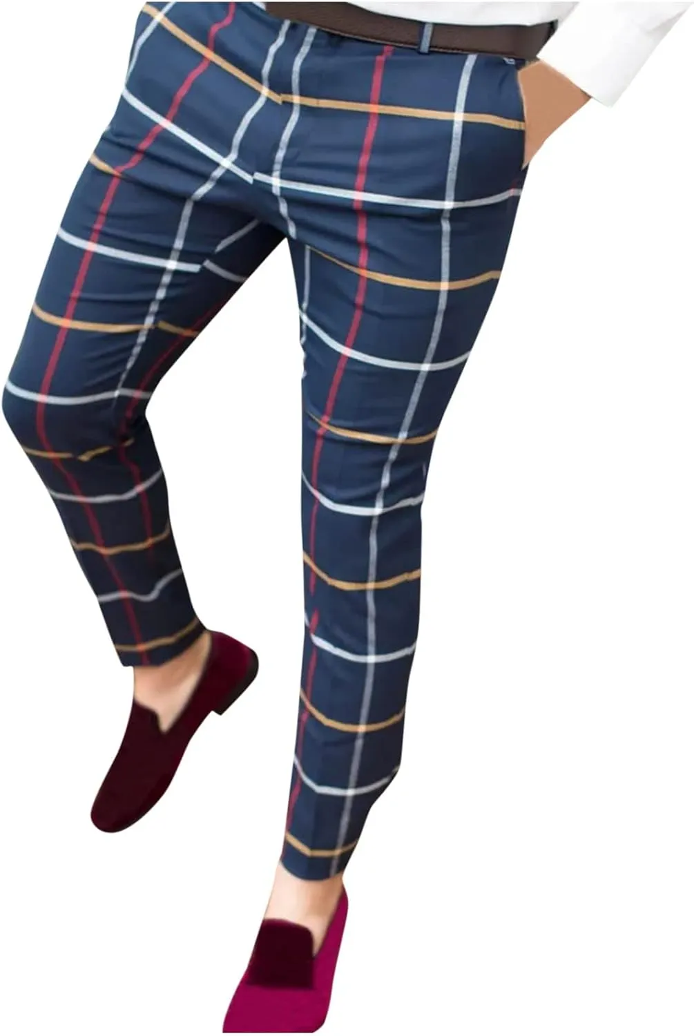 Mens Dress Pants, Men's Fashion Stretch Dress Pants Slim Fit Plaid Business Skinny Long Pants Casual Dress Pants