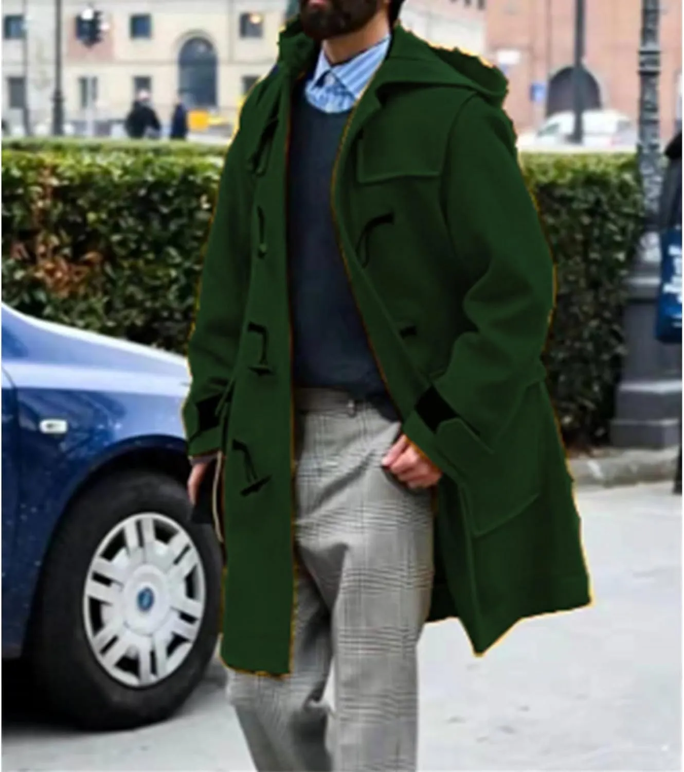 Mens Duffle Coat Wool Blend Single Breasted Walking Toggle Coats Mid Long Trench Coat with Hood for Big and Tall Men