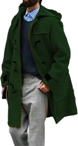 Mens Duffle Coat Wool Blend Single Breasted Walking Toggle Coats Mid Long Trench Coat with Hood for Big and Tall Men