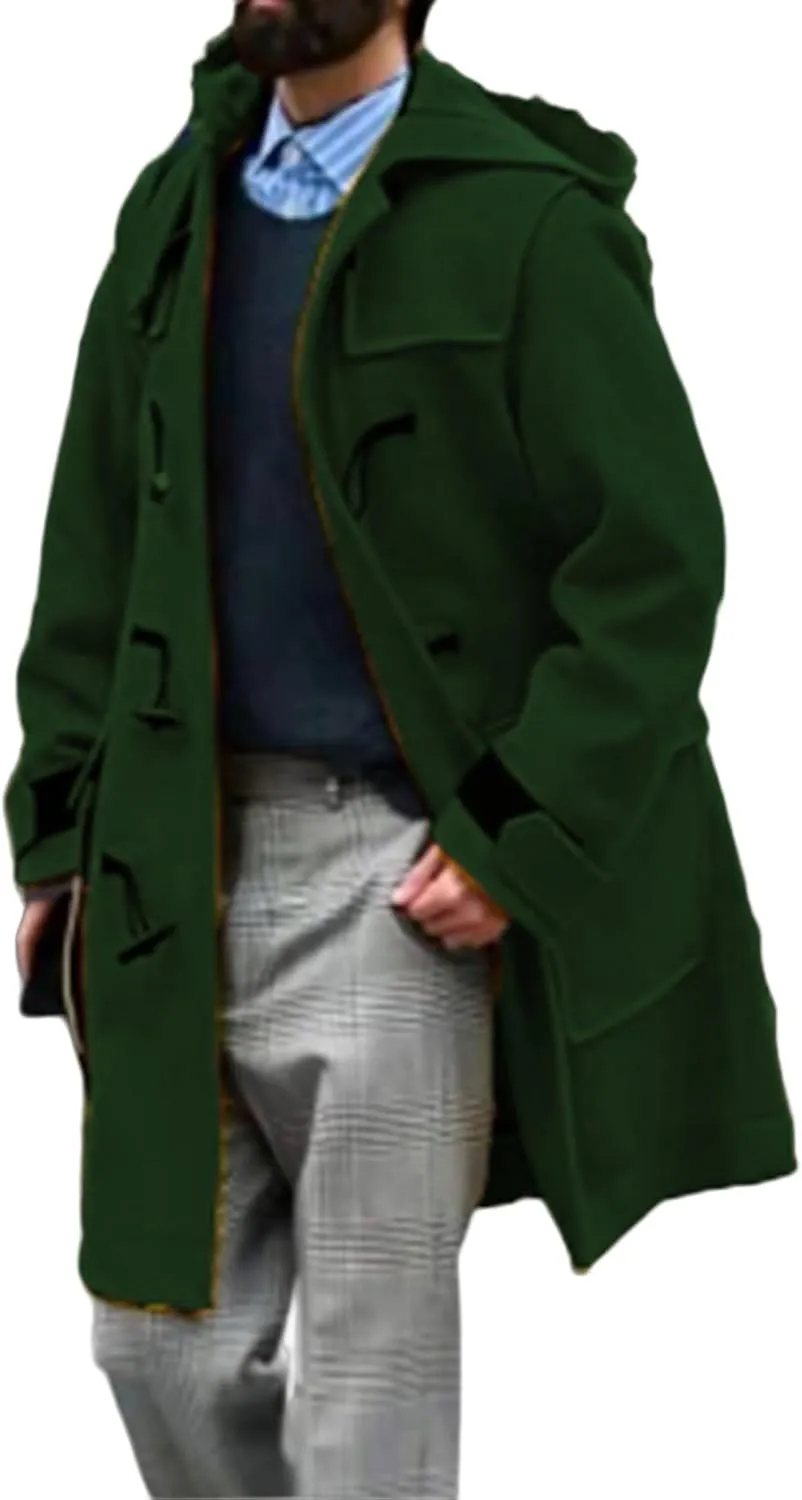Mens Duffle Coat Wool Blend Single Breasted Walking Toggle Coats Mid Long Trench Coat with Hood for Big and Tall Men