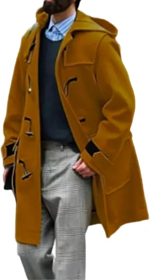 Mens Duffle Coat Wool Blend Single Breasted Walking Toggle Coats Mid Long Trench Coat with Hood for Big and Tall Men