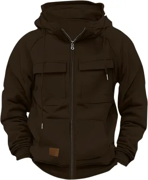 Men's Full-Zip Green Hoodie with Multiple Pockets, Soft Fleece, Adjustable Drawstring Hood, Casual Wear