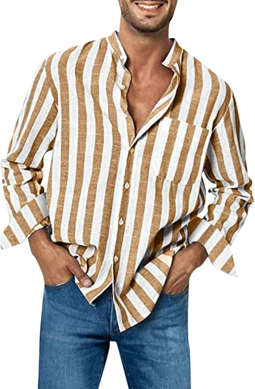 Mens Hawaiian Tropical Shirt Buckle Collar Pocket Long Sleeve Shirt Top Button Down Summer Beach Dress Shirts Mens