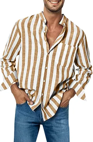 Mens Hawaiian Tropical Shirt Buckle Collar Pocket Long Sleeve Shirt Top Button Down Summer Beach Dress Shirts Mens