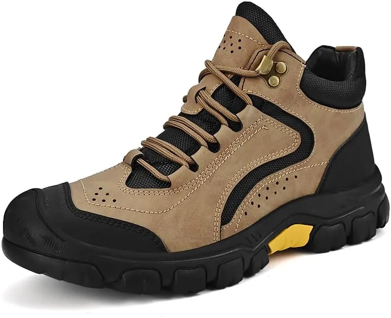 Men's Leather Hiking Boots Lace up Outdoor Mid Tops Waterproof Walking Shoes for Men