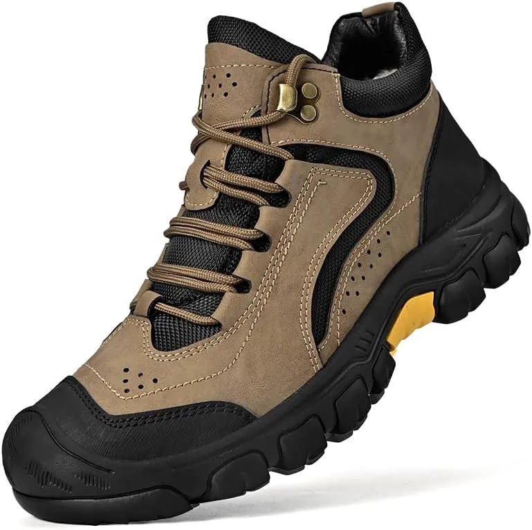 Men's Leather Hiking Boots Lace up Outdoor Mid Tops Waterproof Walking Shoes for Men