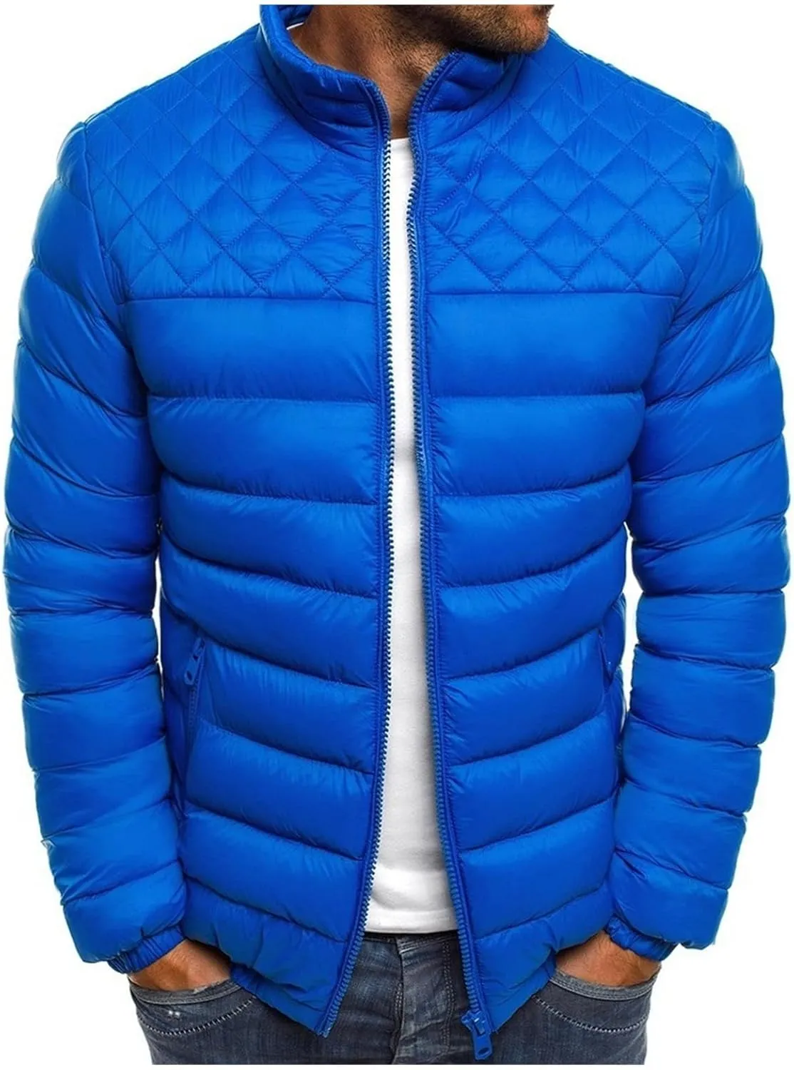 Men's Lightweight Quilted Jacket Solid Color Loose Jacket Stand Collar Zipper Cotton-Padded Coat Warm Fall Winter