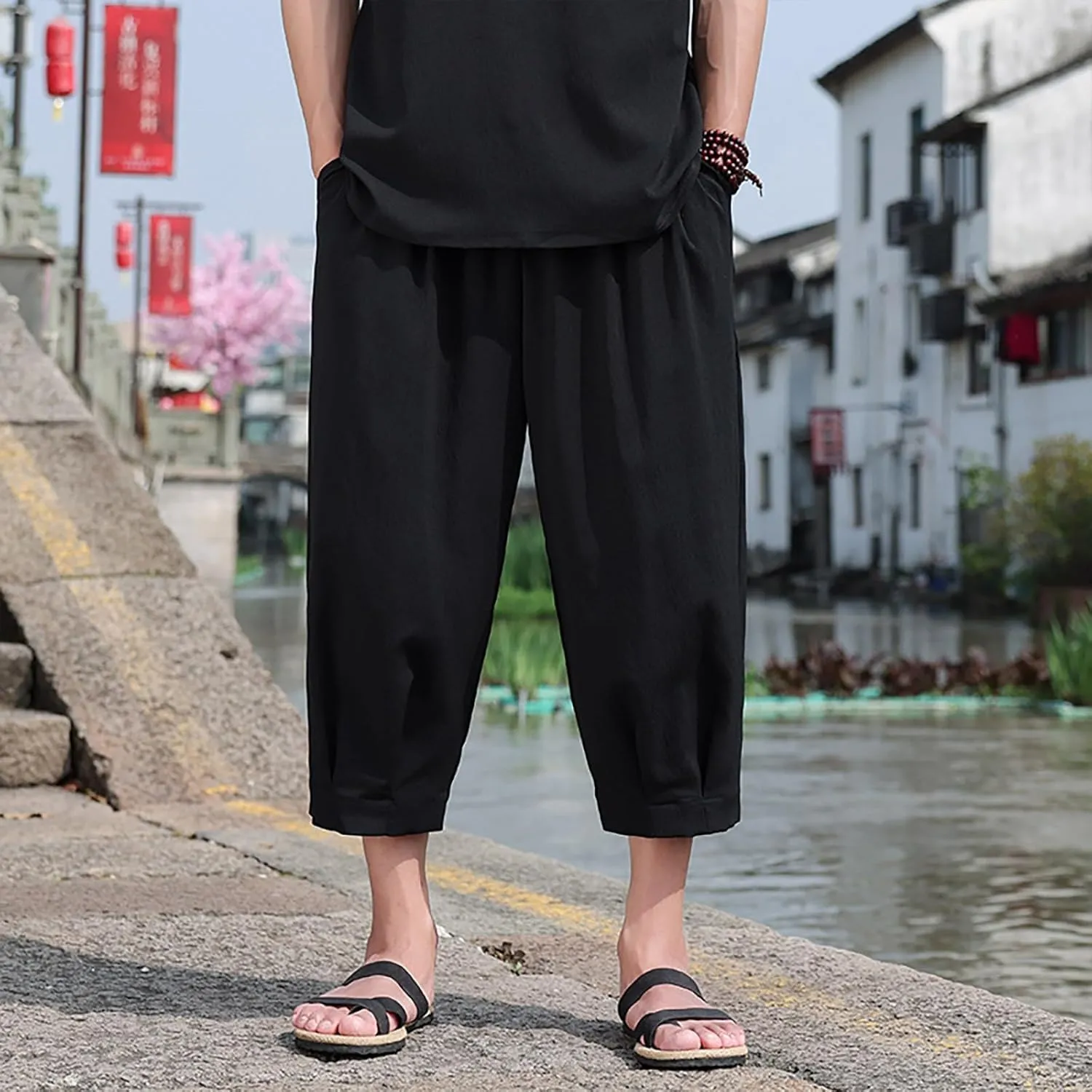 Mens Linen Cropped Trousers Hippie Harem Pants 3/4 Length Pants Elasticated Waist Trouser Shorts Baggy Beach Pants