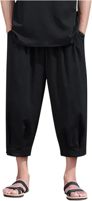 Mens Linen Cropped Trousers Hippie Harem Pants 3/4 Length Pants Elasticated Waist Trouser Shorts Baggy Beach Pants