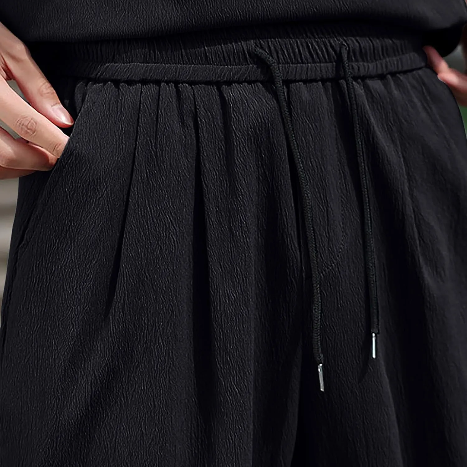 Mens Linen Cropped Trousers Hippie Harem Pants 3/4 Length Pants Elasticated Waist Trouser Shorts Baggy Beach Pants