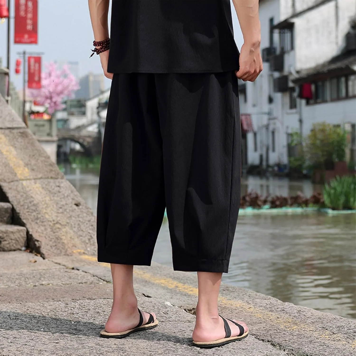 Mens Linen Cropped Trousers Hippie Harem Pants 3/4 Length Pants Elasticated Waist Trouser Shorts Baggy Beach Pants