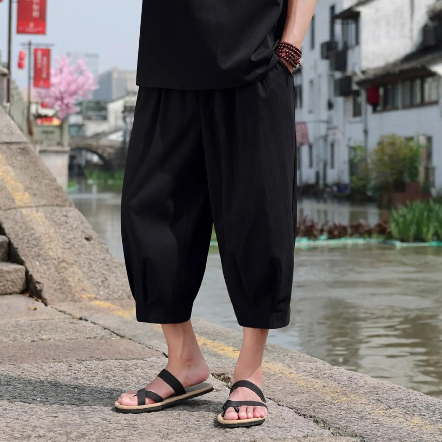 Mens Linen Cropped Trousers Hippie Harem Pants 3/4 Length Pants Elasticated Waist Trouser Shorts Baggy Beach Pants