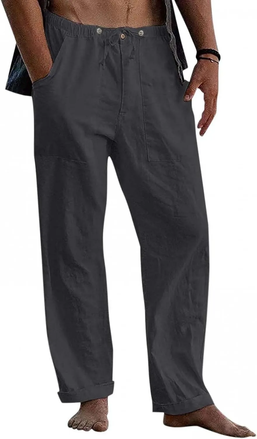 Men's Linen Pants Big and Tall Drawstring Pants Elastic Waist Trousers Lightweight Lounge Pants Loose Comfy Pants