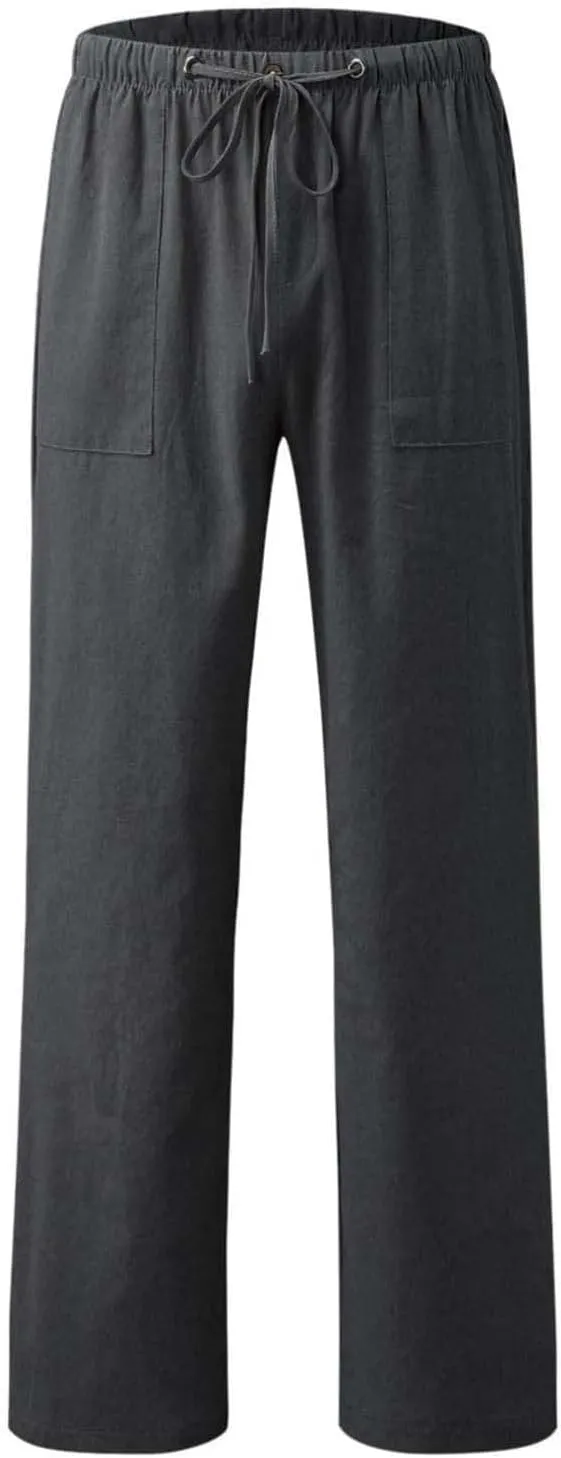 Men's Linen Pants Big and Tall Drawstring Pants Elastic Waist Trousers Lightweight Lounge Pants Loose Comfy Pants