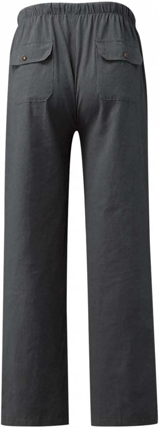 Men's Linen Pants Big and Tall Drawstring Pants Elastic Waist Trousers Lightweight Lounge Pants Loose Comfy Pants
