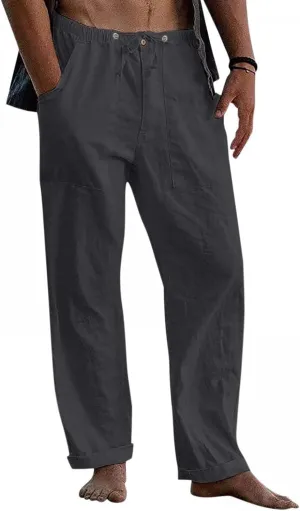 Men's Linen Pants Big and Tall Drawstring Pants Elastic Waist Trousers Lightweight Lounge Pants Loose Comfy Pants