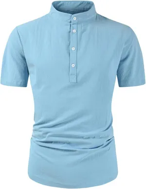 Men's Linen Shirts Casual Band Collar Solid Color Cotton T Shirt Short Sleeve Sports Outdoor Gym Golf Blouses 2025