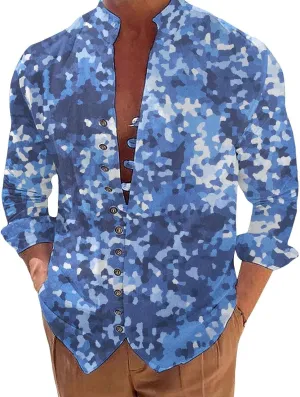 Mens Long Sleeve Camo Linen Shirts with Frog Buttons Stand Collar Travel Work Shirt Slim Fit Yoga Hawaiian Tunic Tops