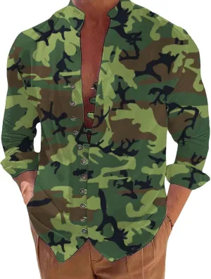 Mens Long Sleeve Camo Linen Shirts with Frog Buttons Stand Collar Travel Work Shirt Slim Fit Yoga Hawaiian Tunic Tops