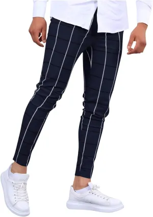 Mens Plaid Dress Pants Fashion Stretch Chino Pants Men Slim Fit Skinny Long Pants Casual Business Golf Pants