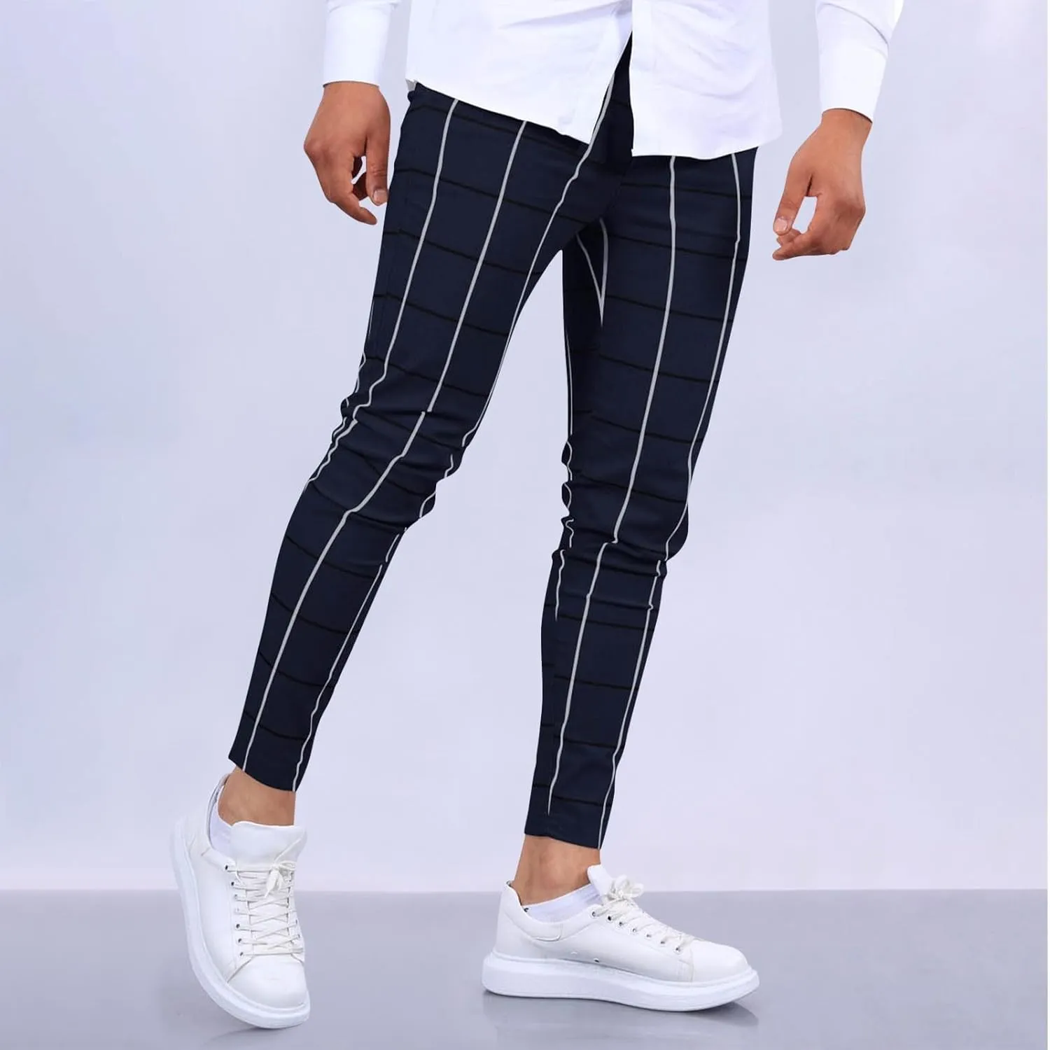 Mens Plaid Dress Pants Fashion Stretch Chino Pants Men Slim Fit Skinny Long Pants Casual Business Golf Pants